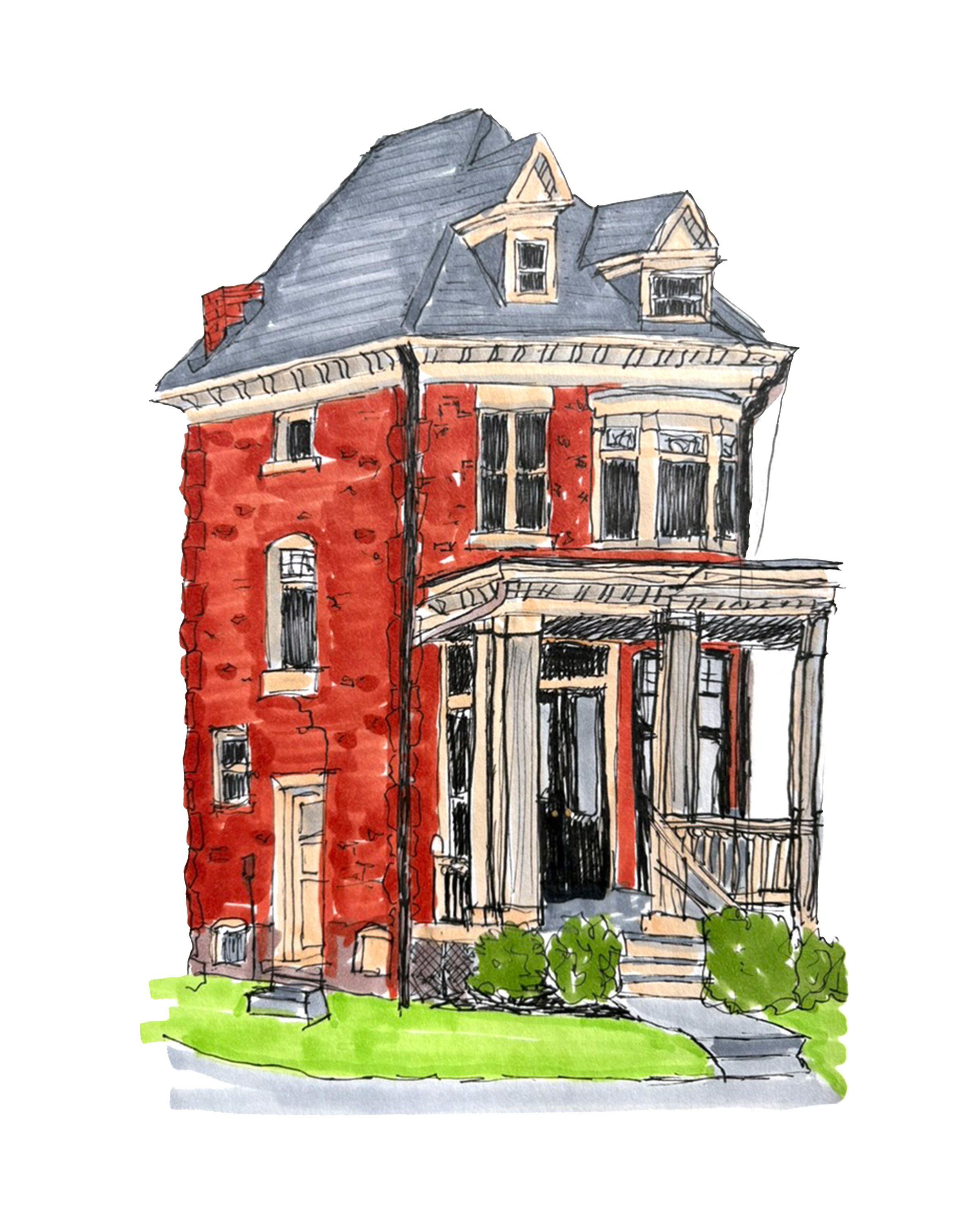 Example commission — hand-drawn ink and marker illustration of a brick building